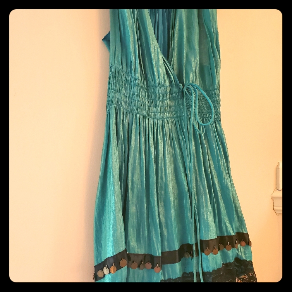 Iridescent teal halter top with lace accent